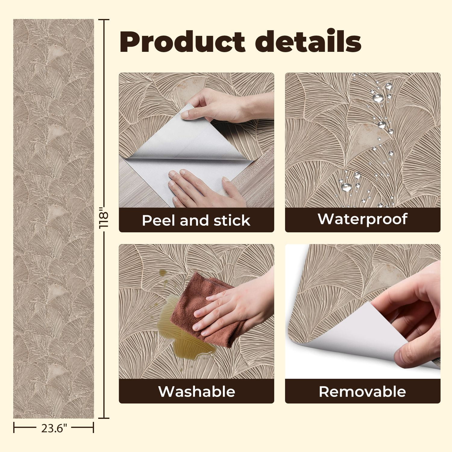 Peel and Stick Wallpaper Textured Beige Leaf Intricate Veins Curved Design Wall Mural 23.6in x 9.8ft Self Adhesive Removable Wall Paper Renter Friendly Wallpaper for Nursery Bedroom Cabinets