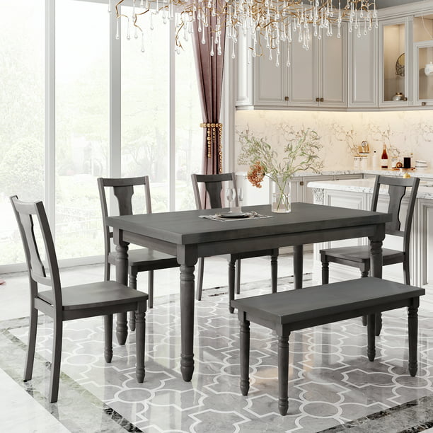 Dining Room Table Set With Bench, Brown And Gray Dining Room Set