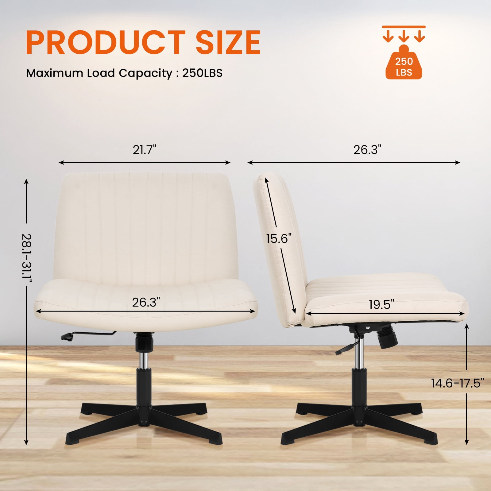 Dkelincs Criss Cross Chair Adjustable Wide Computer Desk Chair Armless Vanity Chair Modern Task Chair No Wheels, Beige