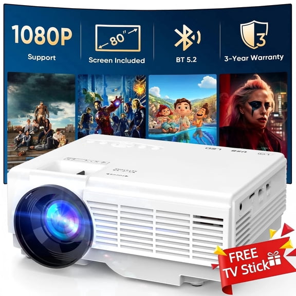 GCZ Mini Projector with Screen, Bluetooth 5.2, FHD 1080P Supported Portable Outdoor Projector for Home, Compatible with TV Stick/Phone/HDMI