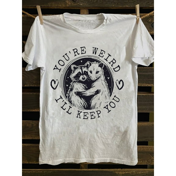Men'S Soft Cotton T-Shirt with "You're Weird I'll Keep You" Raccoon Print - Casual Punk Rock Band Graphic Tee, Short Sleeve, Regular Fit for Summer, Everyday Tshirt|Playful Graphic Tee|Soft Fabric Te