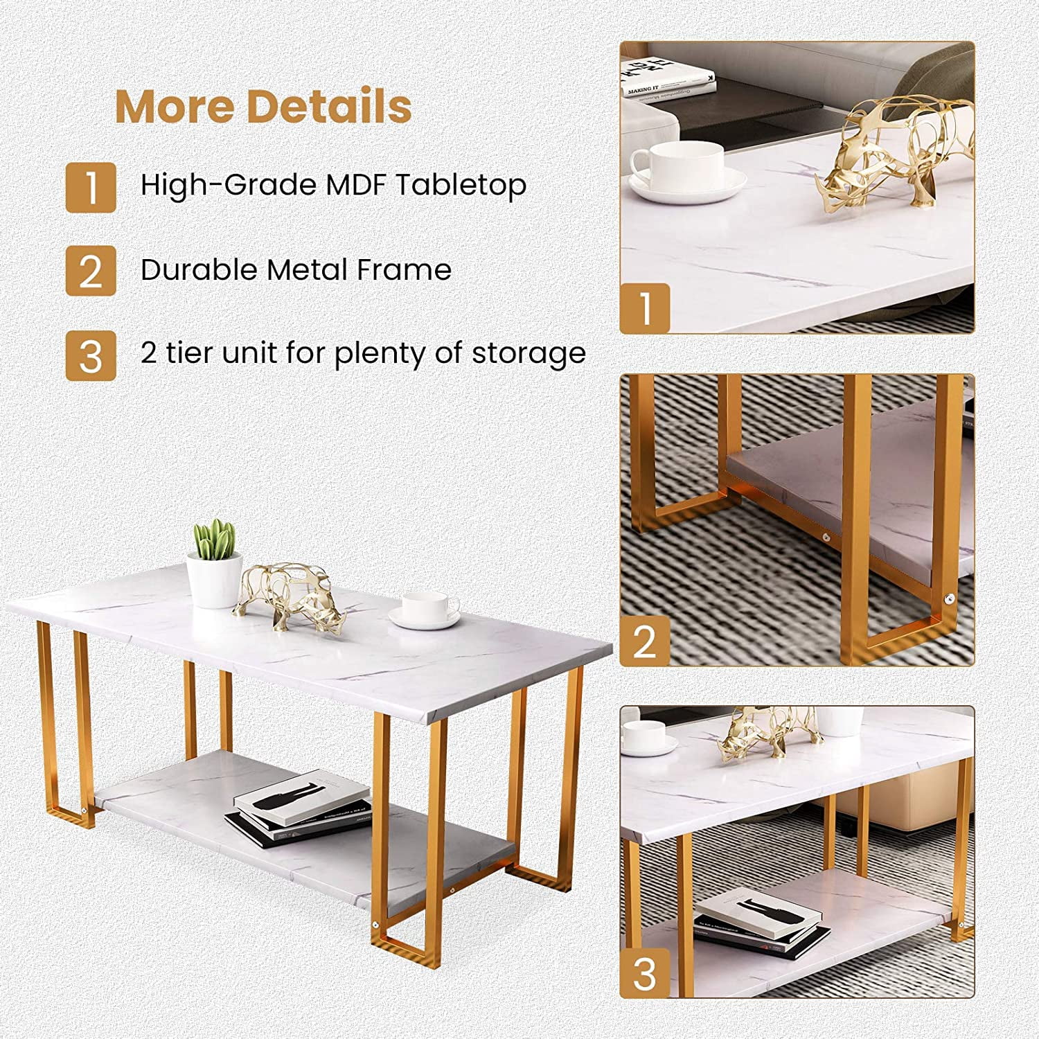 Cvortll Faux Marble Coffee Table with Metal Frame