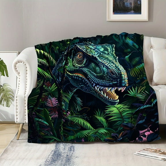 1pc Flannel Jungle Tyrannosaurus Rex Printed Blanket Shawl Blanket Soft Skin-friendly Casual Sofa Blanket, Throw Blanket, Nap Blanket, Multi-purpose Gift Blanket