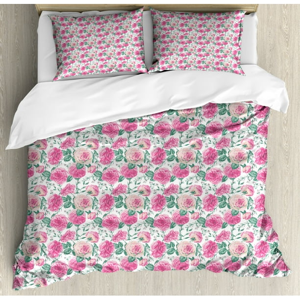 Vintage Rose Duvet Cover Set, Rhythmic Watercolor Look Flowers Leaves
