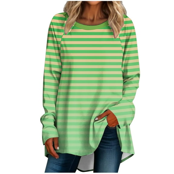 hxobax Womens Oversized Striped Tunic Tops Fall Long Sleeve Shirts Ombre Colorblock Pullover Tshirts