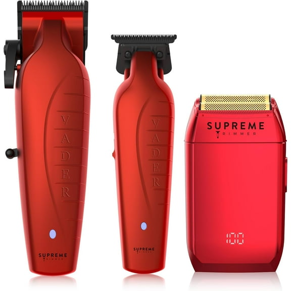 Supreme Trimmer 3-in-1 Barber Kit | Vader Clipper, Vader Trimmer & CRUNCH Foil Shaver | Men's Professional Beard Trimmer, Brushless Motor Clippers & Waterproof IPX6 Shaver | Red