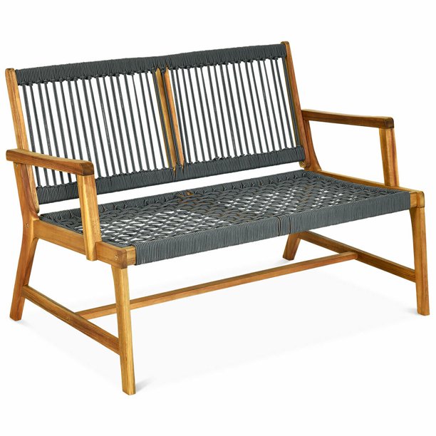 Patio Bench Furniture 2 Person Acacia Wood Woven Rope Outdoor Garden Porch Yard Bench Loveseat Chair With Armrests Walmart Com Walmart Com