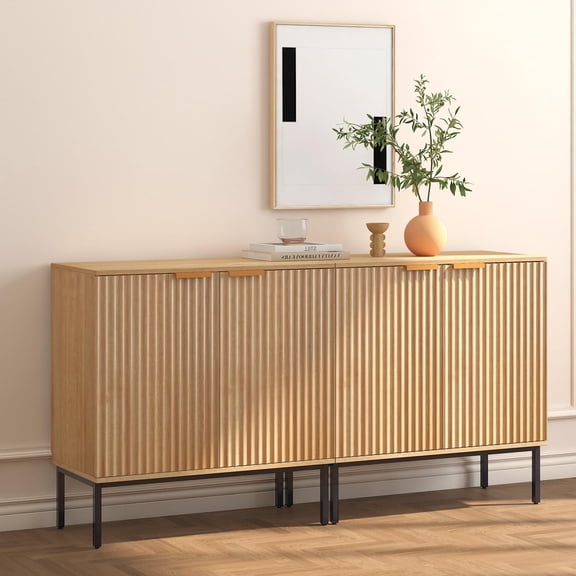 VAFHYLLIS Fluted Buffet Cabinet, Sideboard, 63“ Wooden sideboards and buffets with Storage, Doors, Adjustable Shelves, Fluted Accent Console for Living Room Dining Room Entryway (2, Oak)