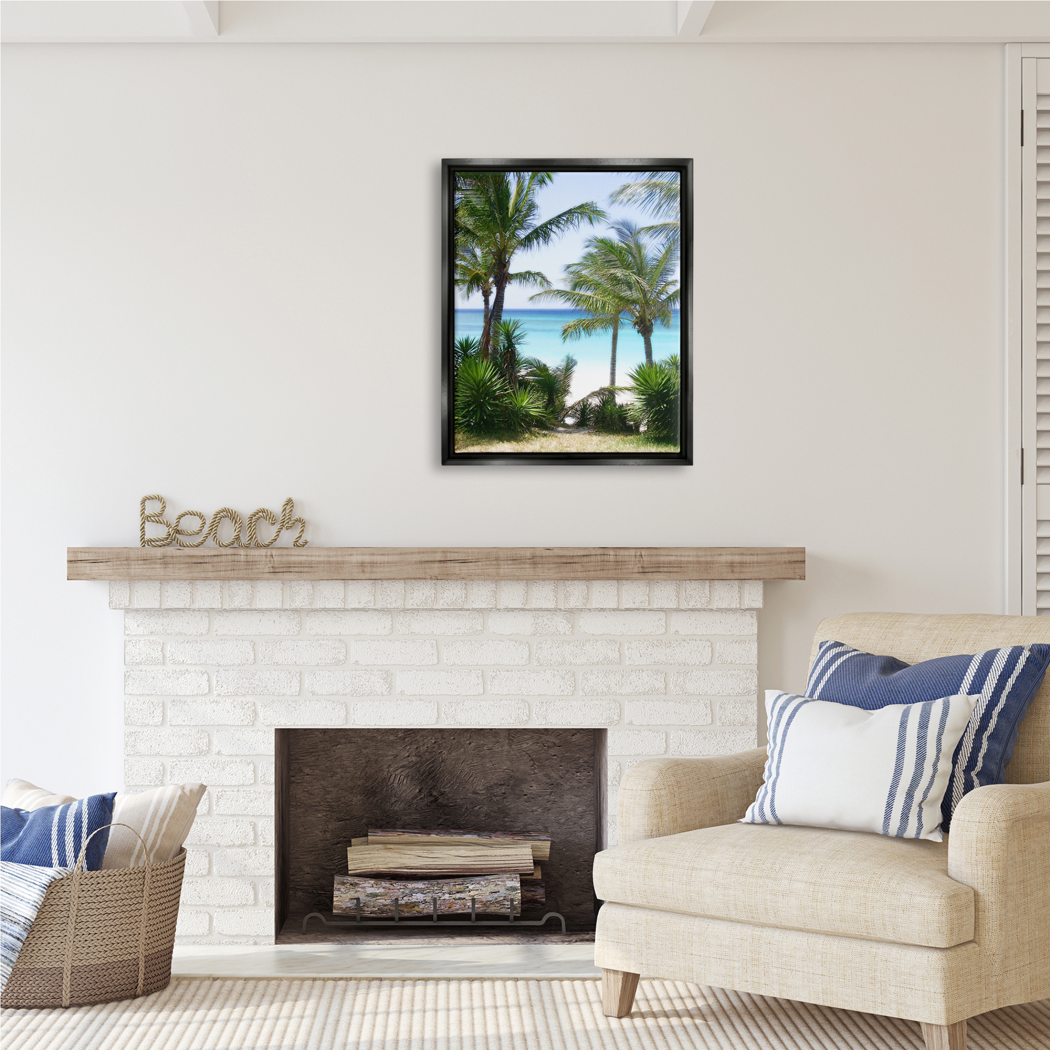 Stupell Industries Palm Trees Near Beach Nature Photography Black Floater Framed Art Print Wall Art, 25 x 31