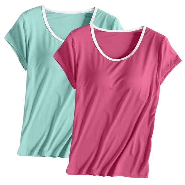 TIMIFIS Ensemble 2 Pcs pour Femmes en Modal avec Soutien-Gorge Intégré Hauts de Pyjama Couleur Unie Col Ras du Cou T-Shirt à Manches Courtes Tenue d'Intérieur