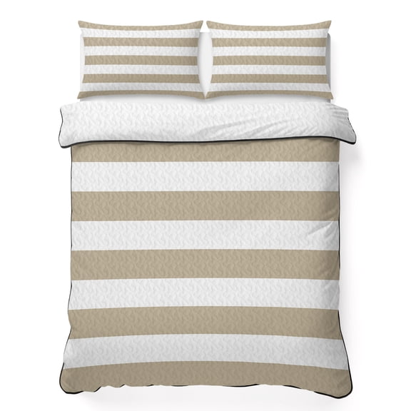 Khaki and 3 Piece Quilt Bedding Set with 2 Pillow Shams, White Stripe Lightweight Bedspread Coverlet, Soft Breathable All Season Quilt, 68 x 86 Inch