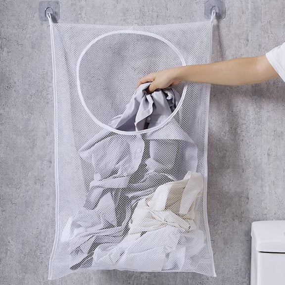 RUseeN Hanging Laundry Hamper Bag, Portable Laundry Bag, 30 x 20 Inch Large Foldable Wall Hanging Laundry Basket with 2 Adhesive Hooks for Dirty Clothes Organization and Storage, White