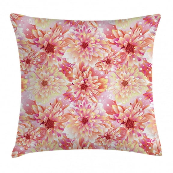 Dahlia Flower Decor Throw Pillow Cushion Cover, Double Apple Bloom with Overlap Axis and Twist Bluntly Circle Pompons, Decorative Square Accent Pillow Case, 16 X 16 Inches, Pink Yellow, by Ambesonne