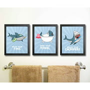 Fun Shark Themed Children Bathroom Wall Decor (Set of Three) Wash Fins Hang Towel Brush Chompers No Frames