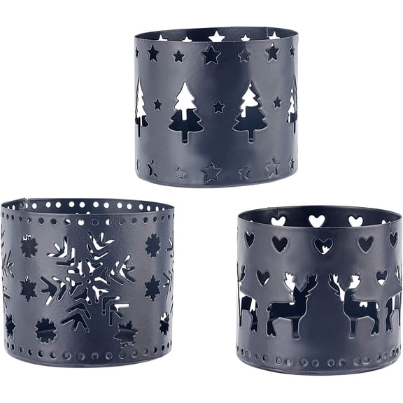 1Set Iron Hollow Candle Holder for Christmas Perfect Home Party Decoration Column with Christmas Tree & Snowflake & Christmas Reindeer/Stag Gunmetal 60x50mm 3pcs/set