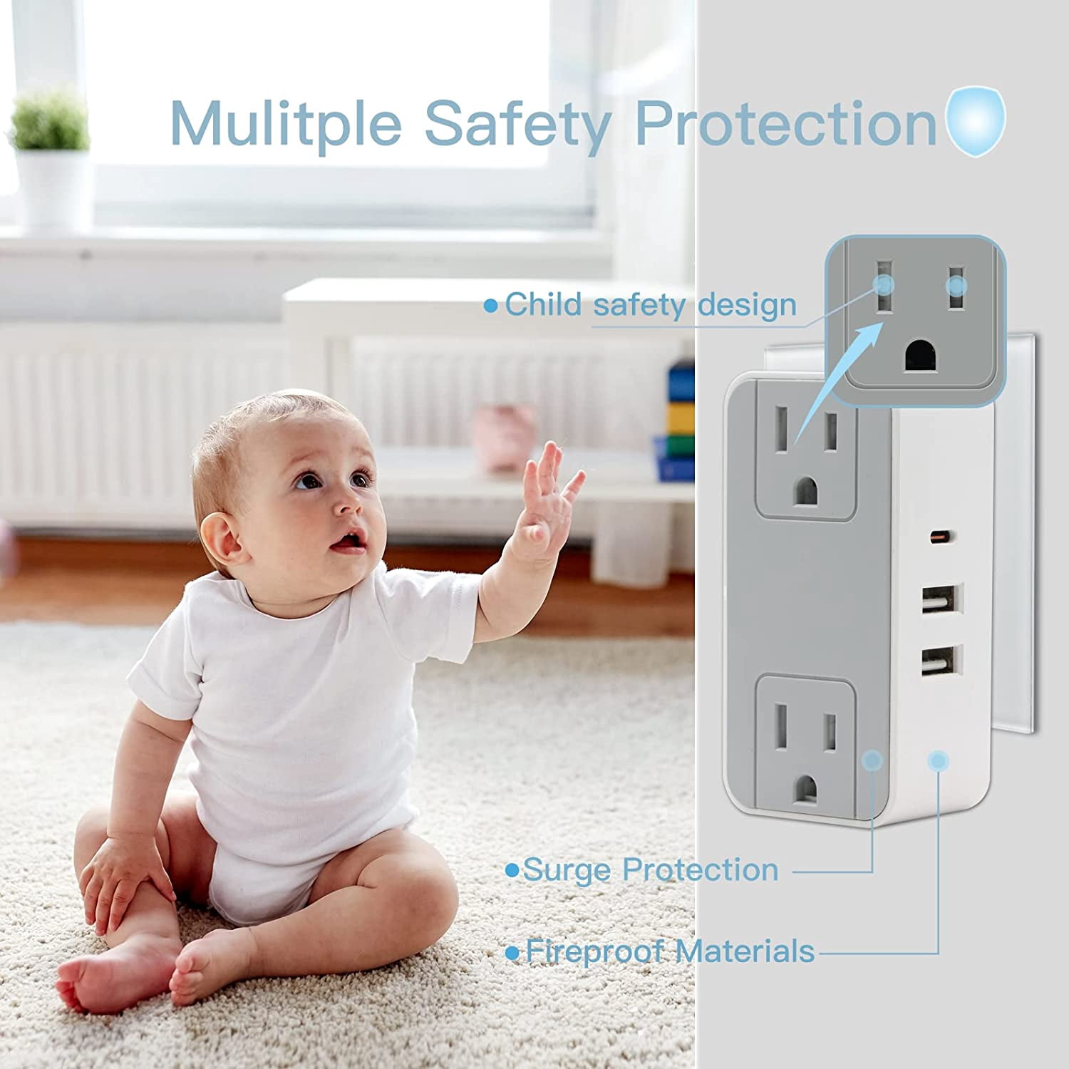 BSEED Mini Surge Protector with USB Charger,2 Outlet Extender with 3 USB (1 USB C) Charging Ports,Safety System for Travel, Home, and Office，4 Pack