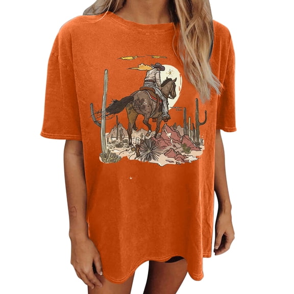 Qiopertar Women's Oversized T-Shirt Vintage Cow Skull Graphic Tees Casual Round Neck Short Sleeve Shirts Spring Summer Fall Relaxed Streetwear, Orange M