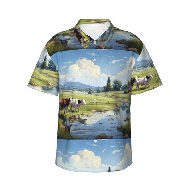 Fotbe Pasture Cow Camisa Hawaiana para Hombre Unisex – Camisa Casual de Verano con Botones de Manga Corta de Algodón y Lino,Large