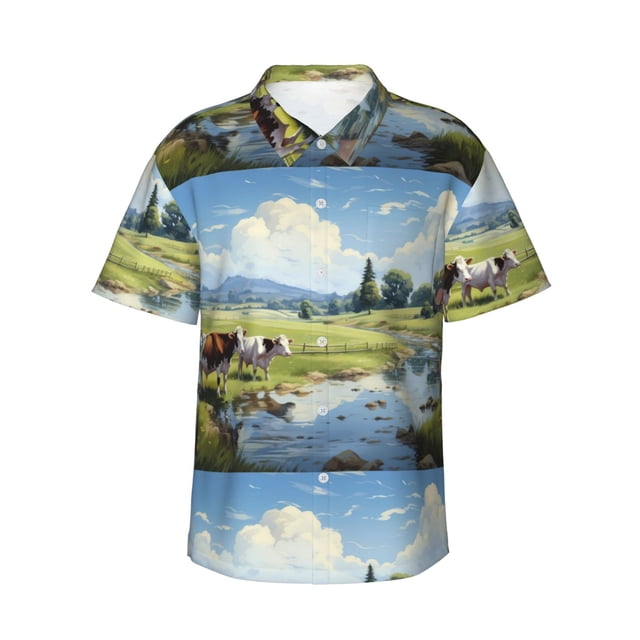 Fotbe Pasture Cow Camisa Hawaiana para Hombre Unisex – Camisa Casual de Verano con Botones de Manga Corta de Algodón y Lino,X-Large