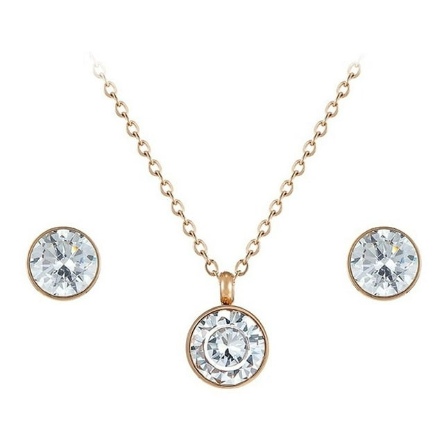 Juego Collar Y Aretes Solitario Swa Bco Oro Rosa 14k rosa Unitalla