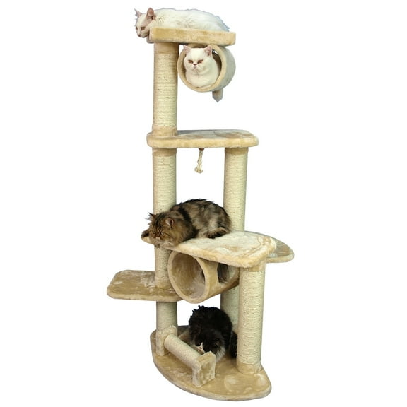 Cat Tree - 36x32x74" - Sisal & Faux-Fur - Tunnel, Toy & Perches - Beige