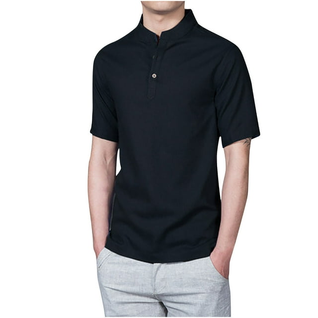 Birdeem T-Shirt à Manches Courtes en Coton et Chanvre Résistant Col Montant Slim Mode Sport Décontracté Haut Quotidien Blouse