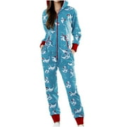 PEZHADA Spring Savings Clearance 2023! Women's Fashion Casual Hooded Pajamas Print Christmas Romper Homewear Blue S