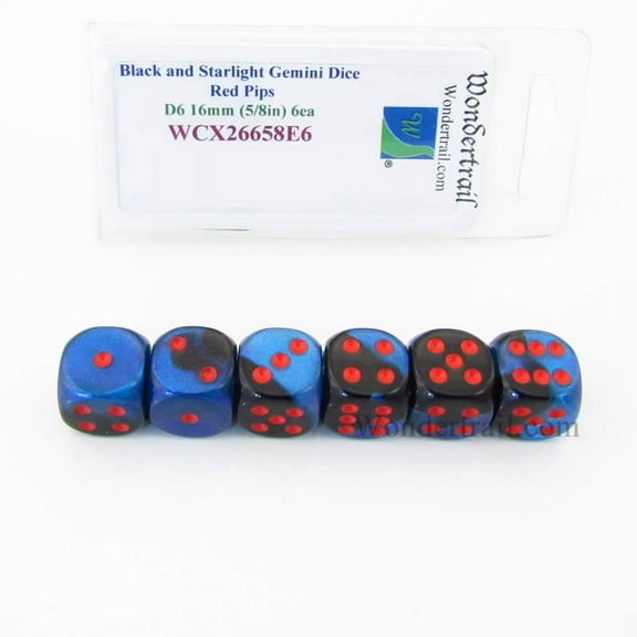 Black and Starlight Gemini Dice with Red Pips D6 16mm (5/8in) Pack of 6 Wondertrail