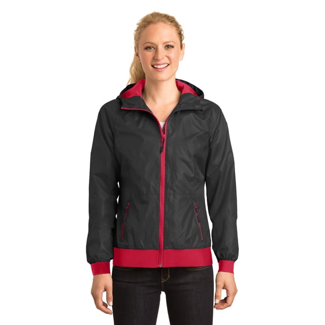 Chaqueta Cortavientos Sport-Tek para Mujer LST53 Negro/Rojo Verdadero 2XL