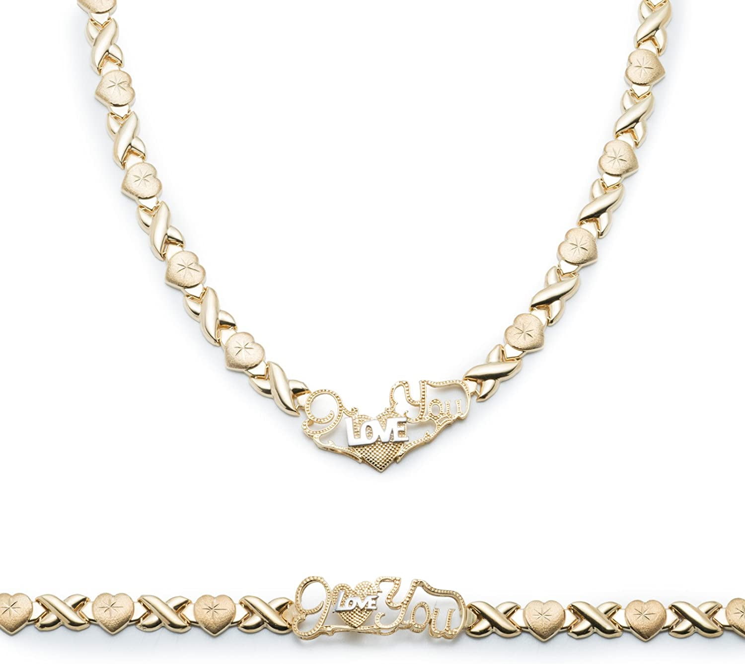 Diamond Cut Hearts & Kisses Bracelet Necklace Set 10K Yellow Gold Clad Silver 