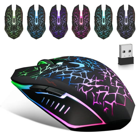 TSV Wireless Gaming Mouse Rechargeable USB 2.4G Computer Mouse with 7 Colorful LED Lights, 4 Adjustable DPI, Silent Click, Ergonomic Optical Mice for PC Laptop Desktop Windows Mac