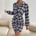 thumbnail image 2 of Vestido camisero Manga larga Solapa Cintura alta Anudado Paquete de rejilla informal Falda a la cadera para mujer Blanco y negro L, 2 of 7