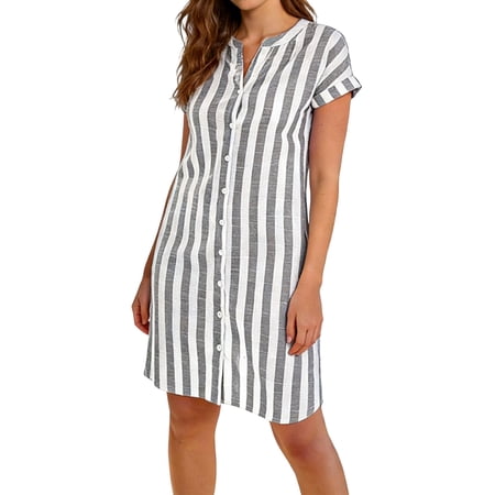 SAFUNY Women s Collared Short Sleeve Button Front Striped Shirt Dress Pullover Breathable Casual Work Beach Dress Black XXXL