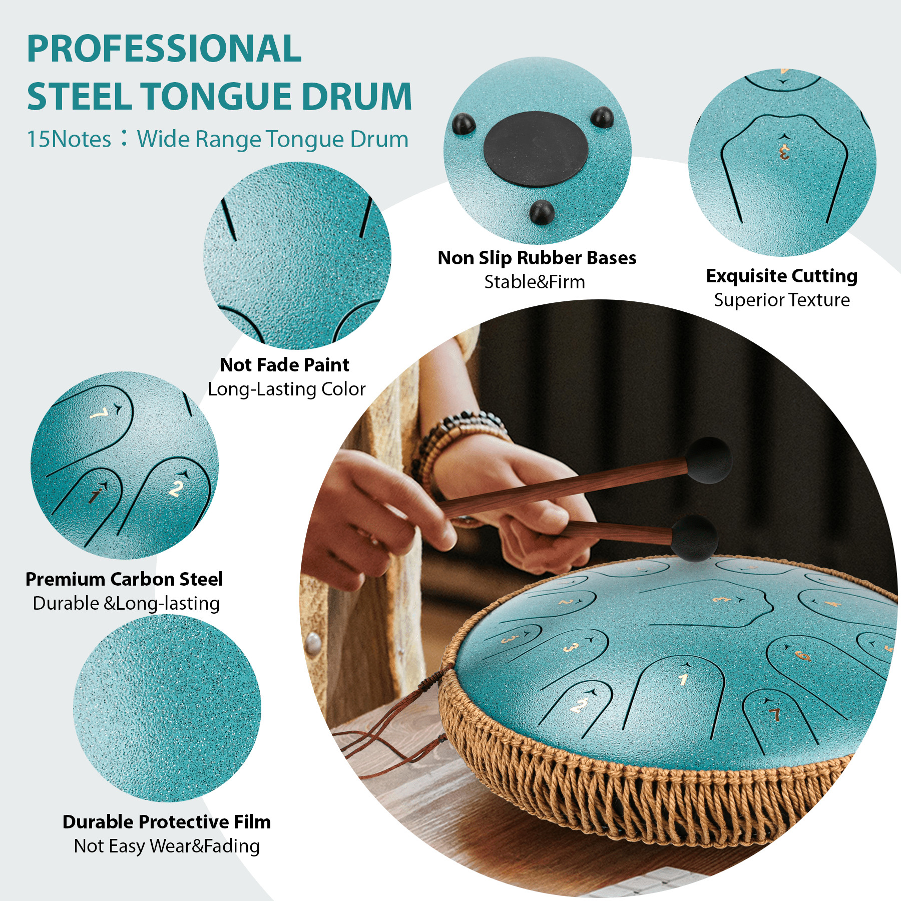 Steel Tongue Drum-14" 15 Note Tongue Pan Drums for Adults, C Major, Carry Bag, Malachite Green