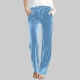 thumbnail image 2 of Lenpel Women's Velvet Pants Elastic High Waisted Drawstring Straight Leg Velour Pants Loose Vintage Trousers with Pockets(Light Blue,3X-Large), 2 of 6