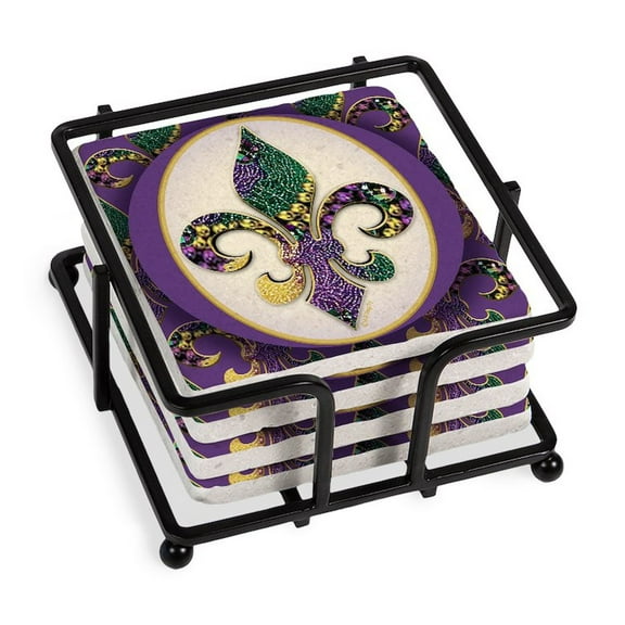 CafePress - Fleur De Lis Mardi Gras Beads Stone - Tile Coaster, Drink Coaster Set of 4 w/ holder