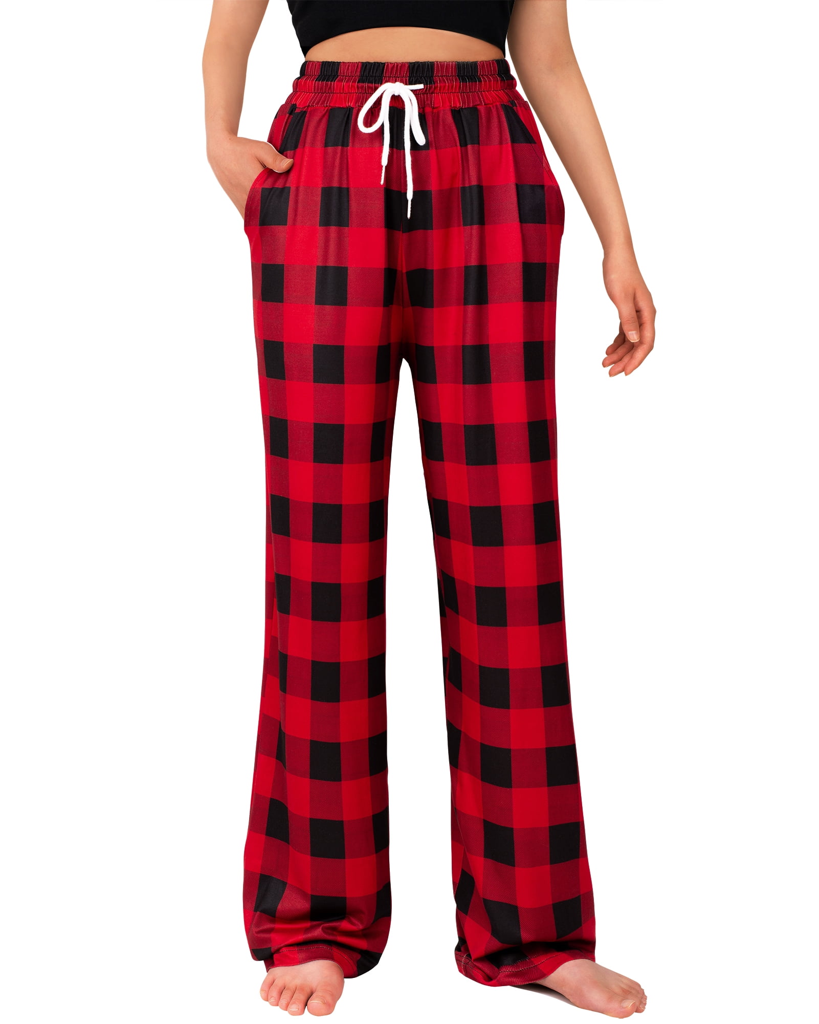 Siliteelon Womens Pajama Pants with Pockets Cotton Drawstring Classic Red  Plaid Pants