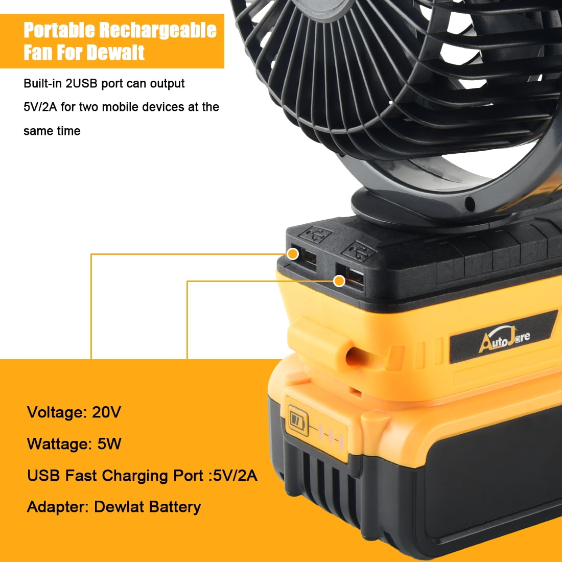 Portable Cordless Fan for Dewalt 20V, Battery Powered 360° Roating Fan Brushless Motor with 2 USB Charging Interface For Household, Office, Camping (No Battery)
