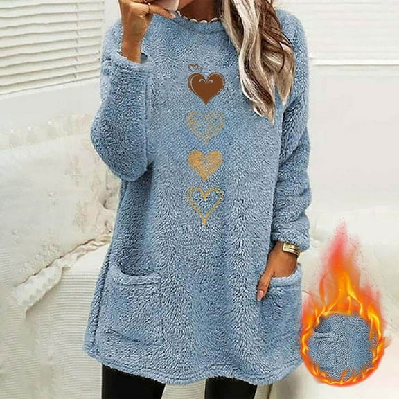 YueHuiYing Women's Winter Round Neck Graphic Lightweight Printed Pocket Long Sleeved Thick Warm Jacket Top