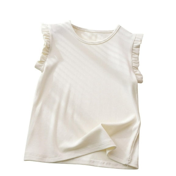 LLYwey Cute Ruffle Tank Tops for Girls Casual Ribbed Knit Crew Neck Sleeveless T-Shirts , T-17, Beige, 3T