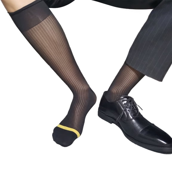 MensThin Sheer Formal Dress Socks Casual Business High Socks Nylon Breathable Over Calf Striped Long Stockings