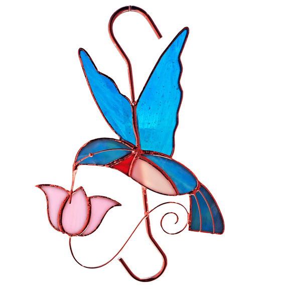 Gift Essentials Hummingbird Plant Hanger Stained Glass Bird Feeder Hook Pink Flower