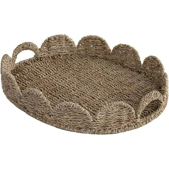 EnjinZZ Elliptical Wicker Scalloped Tray, Rattan Serving Trays with Handles, Seagrass Basket for Decorative & Organizing, 13" L x 15.5" W x 16.55" H
