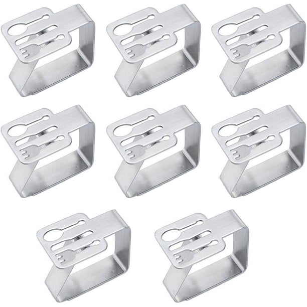 Pinzas para manteles de plata con forma de vajilla, diseño elástico, resistentes, de acero inoxidable, para fiestas al aire libre, picnics, cenas tipo buffet de bodas, acampadas y uso en el hogar y