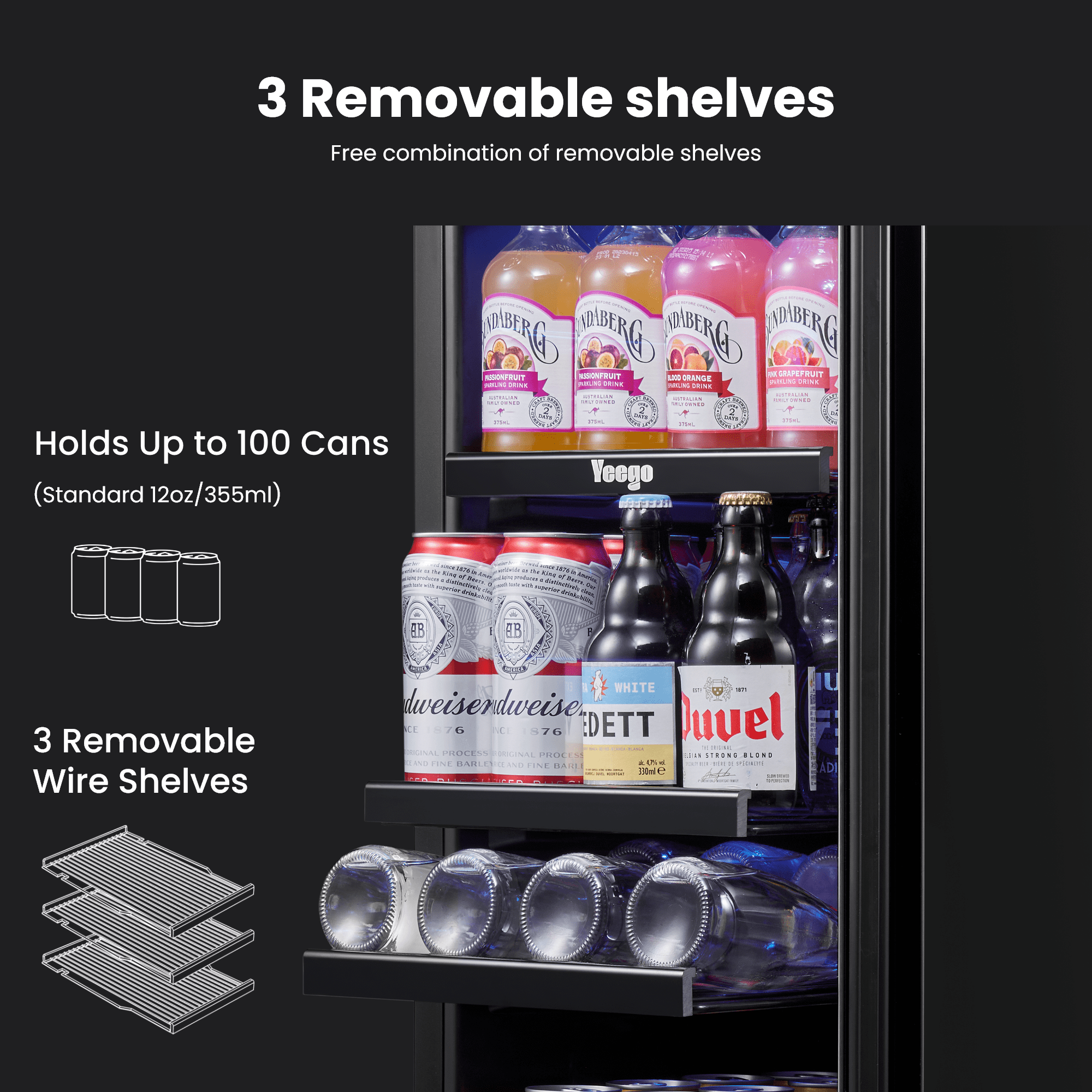 Yeego 15 inch Beverage Refrigerator,  Built-in or Freestanding, 100 Cans Cooler with Glass Door