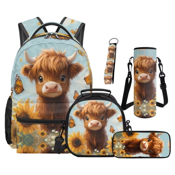 Uorisanigo 5 PCS Kids' Backpacks Set Travel School Backpack Set Highland Cow Butterfly Bookbag Student Book Bag with Lunch Box Pencil Bag Water Bottle Sleeve Keychain for Primary Middle School Girls