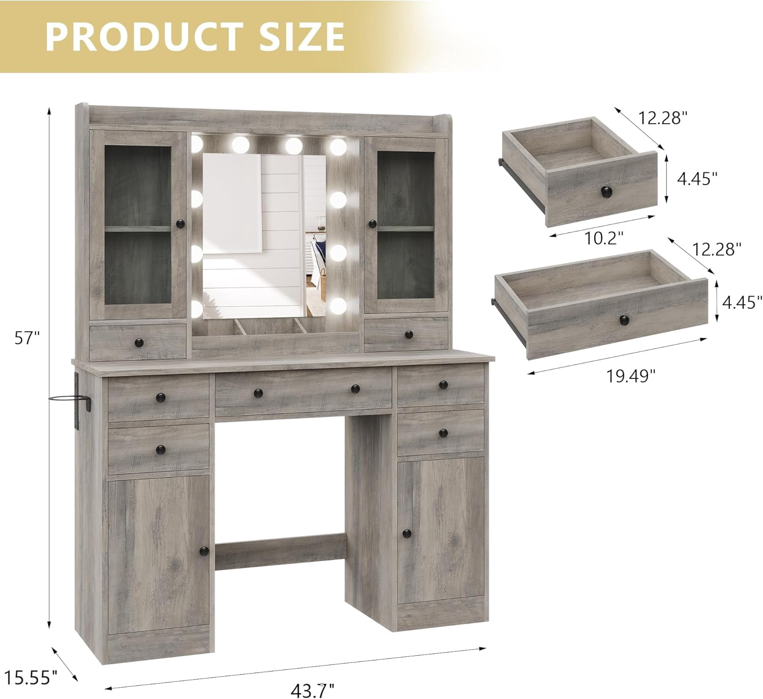 FANRAL 43.7" Vanity Desk with 10 Mirror Lights & Under-Table RGB,Charging Station & Hair Dryer Holder,Multi-Storage Dressing Table for Bedroom Bathroom,Gray Vanity