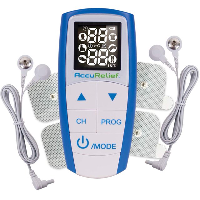 Unidad TENS AccuRelief Complete 3 en 1, EMS, masajeador - Estimulador muscular eléctrico para aliviar el dolor con 4 electrodos para cuello, espalda y cuerpo completo
