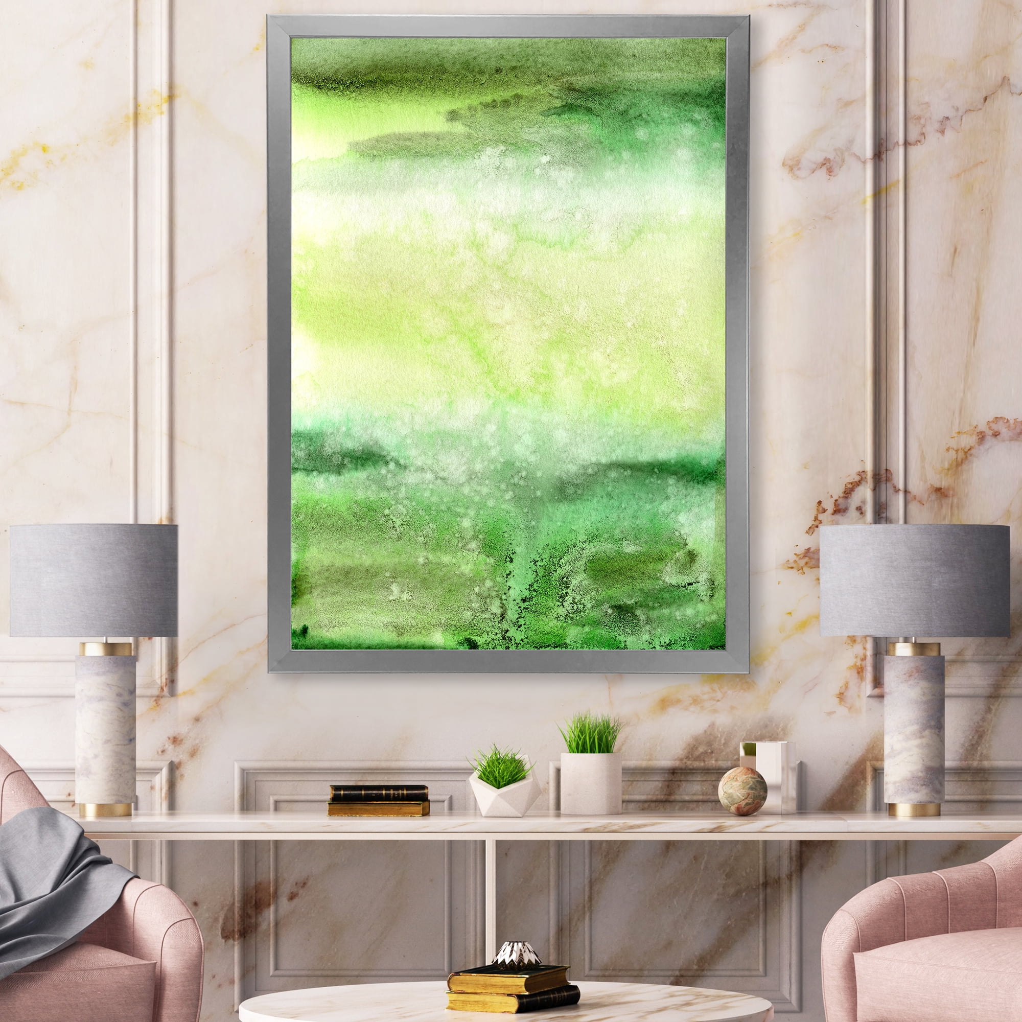 Designart 'Pastel Abstract With Beige and Dark Green & Spots' Modern Framed Art Print