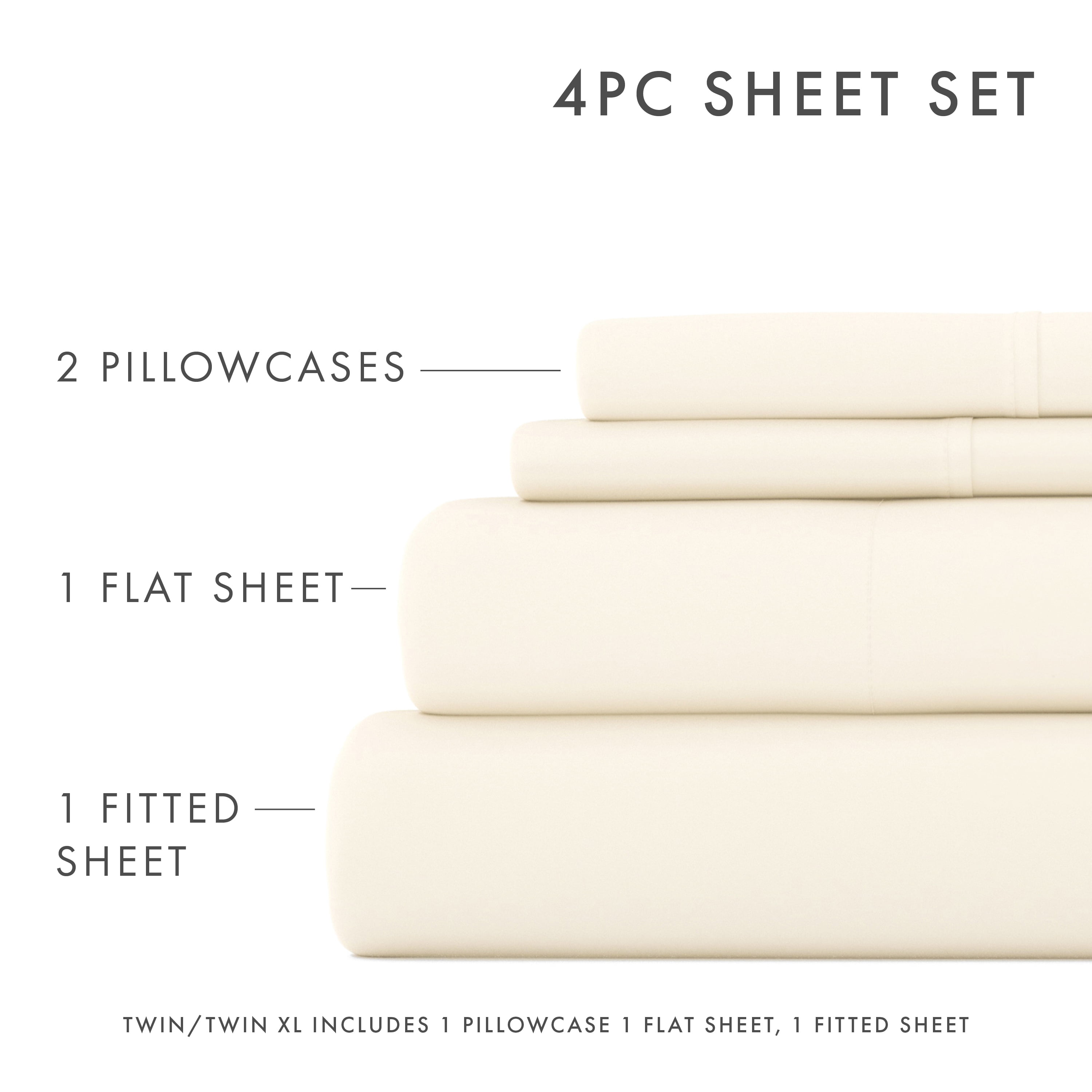Noble Linens 4 Piece Solid Microfiber Bed Sheet Set, Ivory, California King